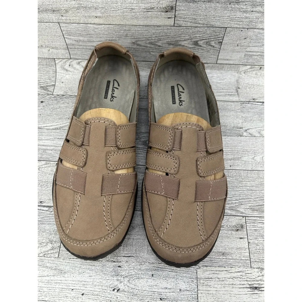 Clarks Women's Taupe Leather Elastic‎ Strap Comfort Loafer Shoes Size 8